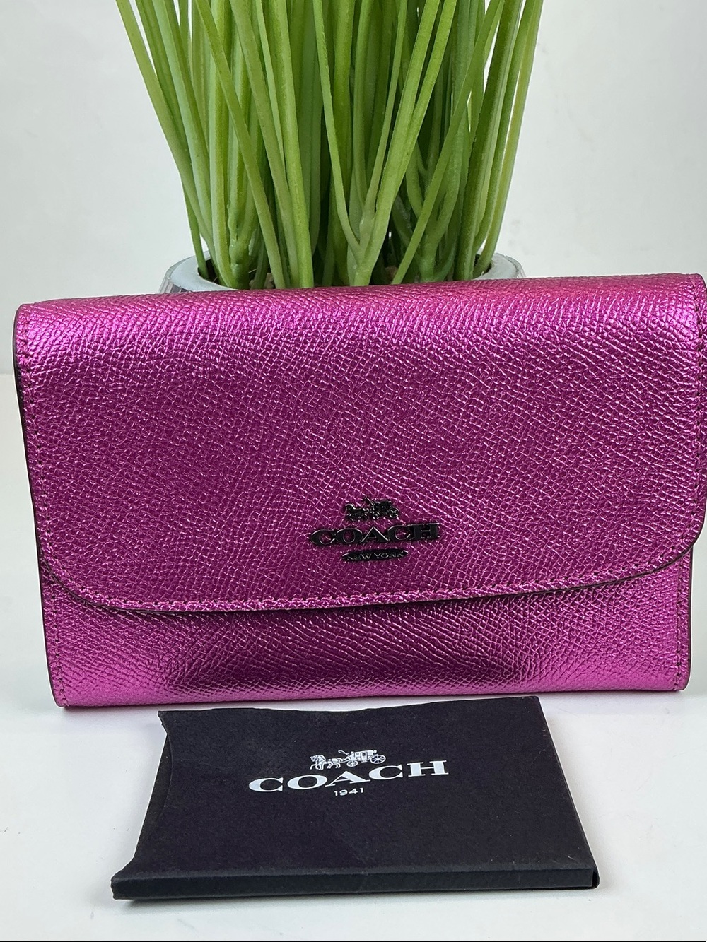 Coach Metallic Pink Fuchsia Leather Wallet Rare Htf